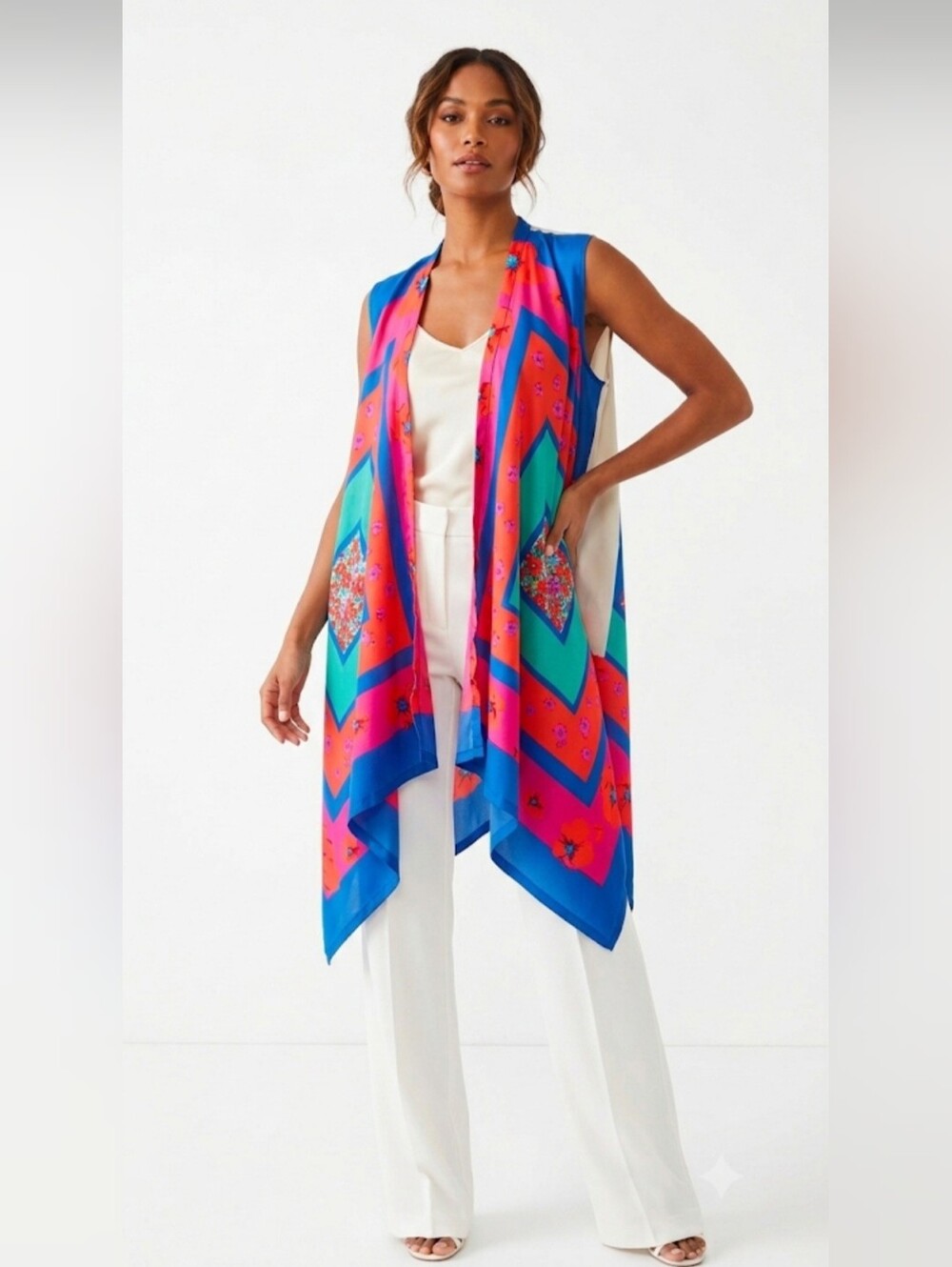 DKNY Sleeveless Pink, Blue & Teal Geo-Print Kimono, Size M-L